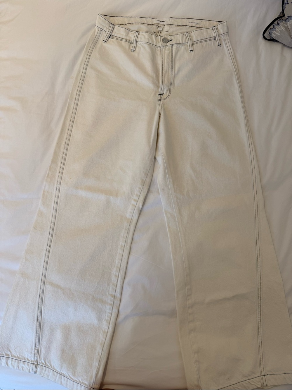 Frame Wide Leg Cream Jeans with Navy Trim